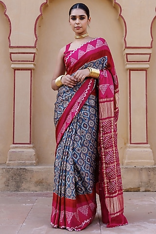 Pink Gajji Silk Handwoven Ajrakh Bandhani Saree Set by Geroo Jaipur