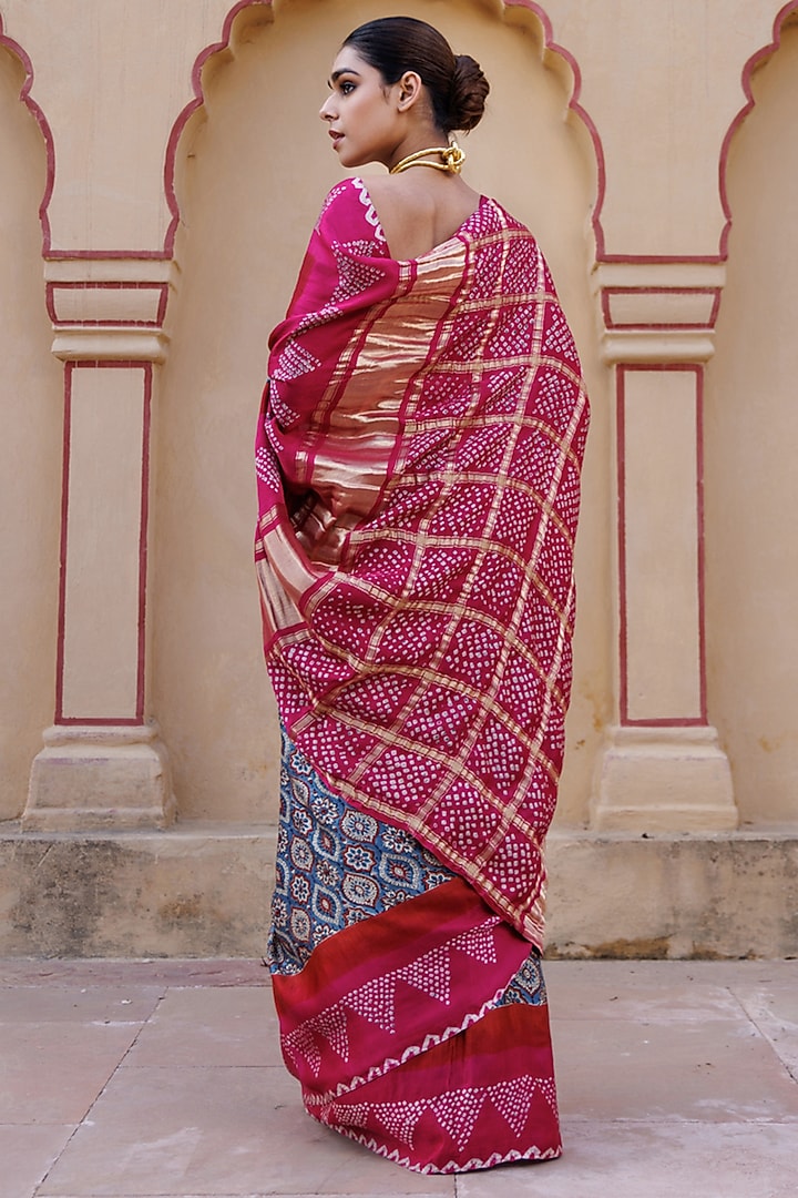 Pink Gajji Silk Handwoven Ajrakh Bandhani Wedding Saree Set by Geroo Jaipur at Pernia's Pop Up Shop