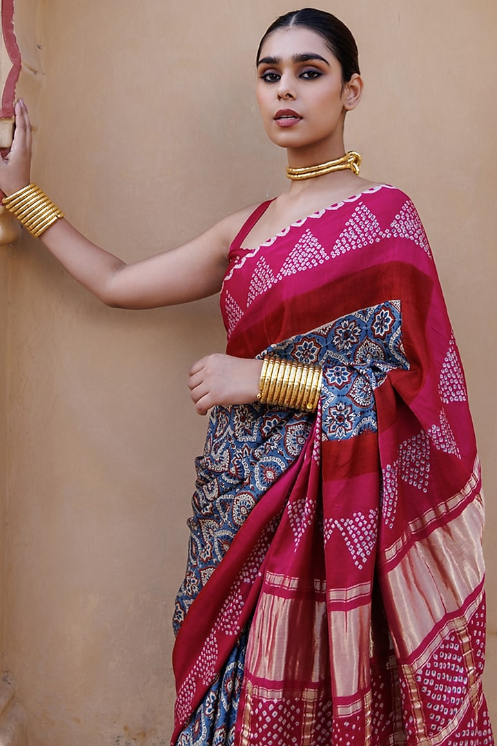 Pink Gajji Silk Handwoven Ajrakh Bandhani Wedding Saree Set by Geroo Jaipur at Pernia's Pop Up Shop