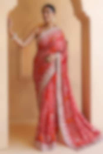 Red Hand Pure Georgette Gota Patti & Bandhani Wedding Saree Set by Geroo Jaipur at Pernia's Pop Up Shop