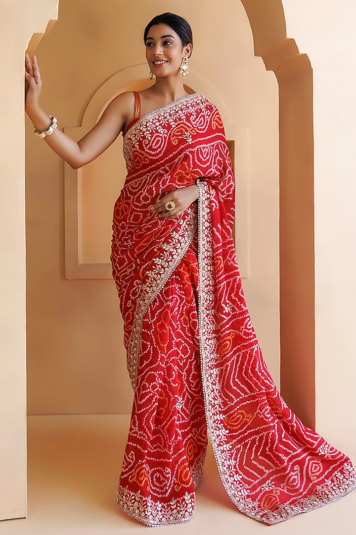 Red Hand Pure Georgette Gota Patti & Bandhani Wedding Saree Set by Geroo Jaipur at Pernia's Pop Up Shop