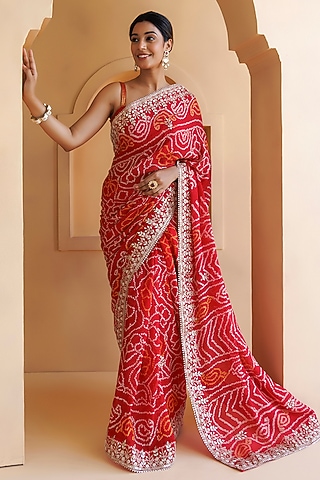 Red Hand Pure Georgette Gota Patti & Bandhani Saree Set by Geroo Jaipur