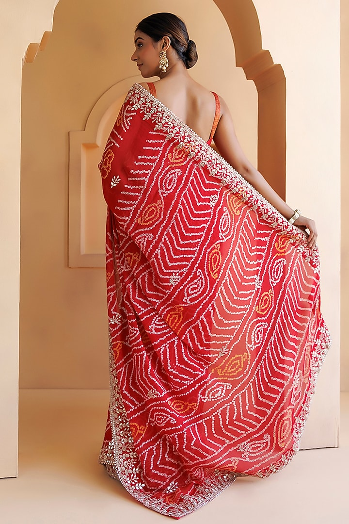 Red Hand Pure Georgette Gota Patti & Bandhani Wedding Saree Set by Geroo Jaipur at Pernia's Pop Up Shop