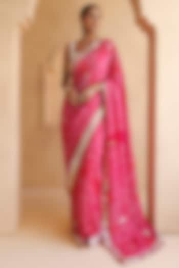 Pink Hand Pure Georgette Gota Patti & Bandhani Wedding Saree Set by Geroo Jaipur at Pernia's Pop Up Shop