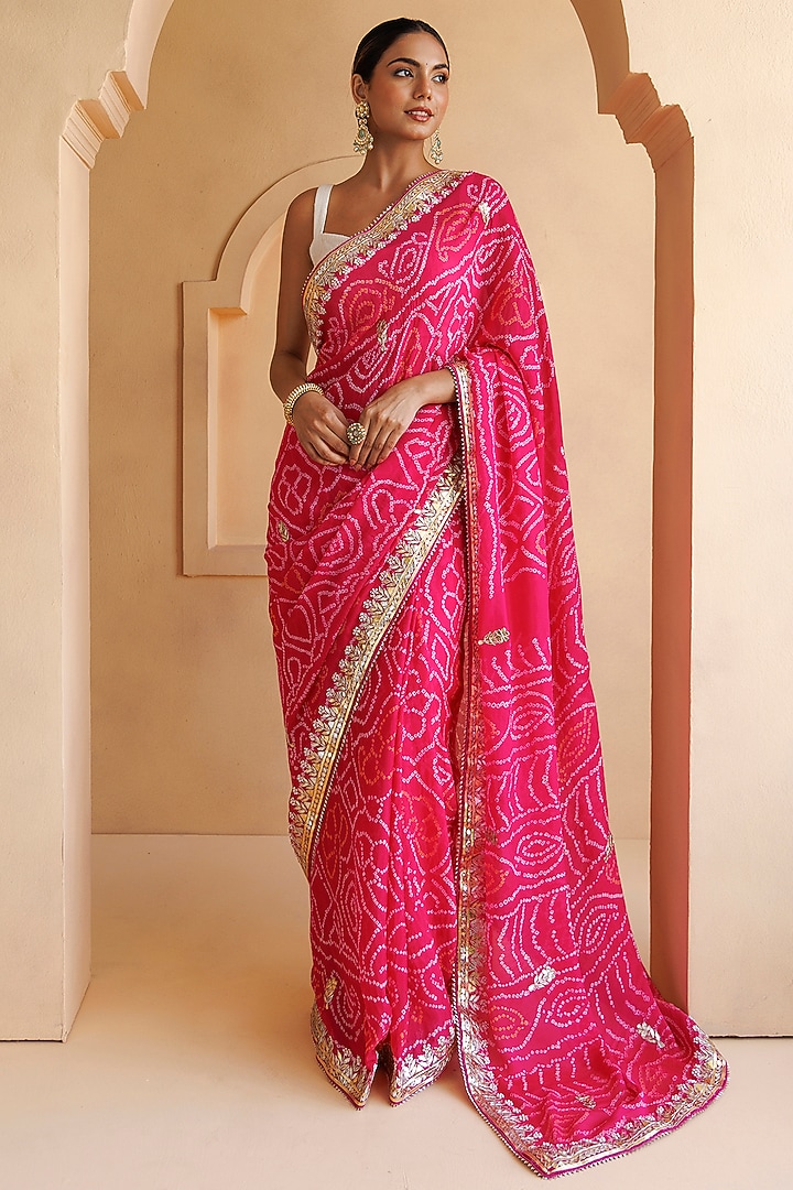 Pink Hand Pure Georgette Gota Patti & Bandhani Wedding Saree Set by Geroo Jaipur at Pernia's Pop Up Shop