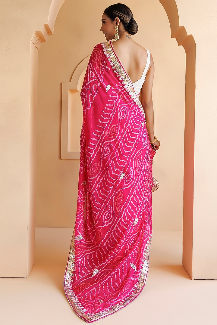Pink Hand Pure Georgette Gota Patti & Bandhani Wedding Saree Set by Geroo Jaipur at Pernia's Pop Up Shop