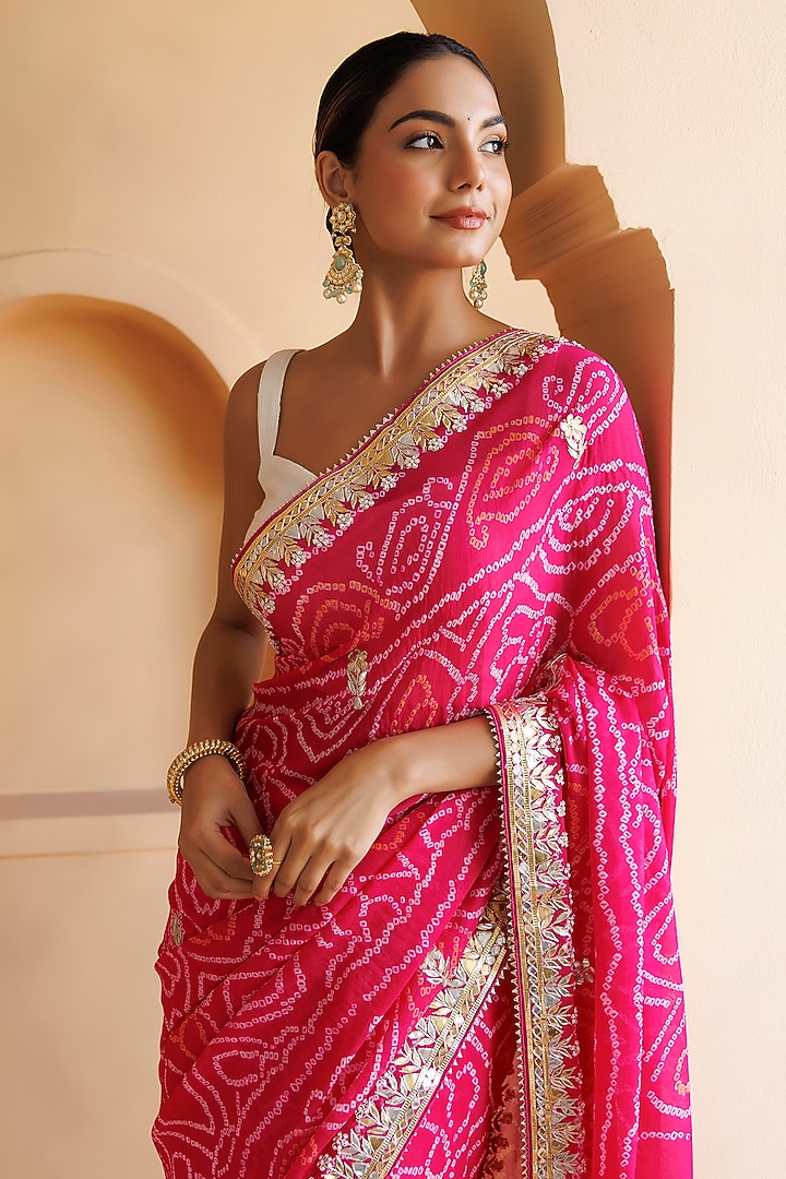 Pink Hand Pure Georgette Gota Patti & Bandhani Wedding Saree Set by Geroo Jaipur at Pernia's Pop Up Shop