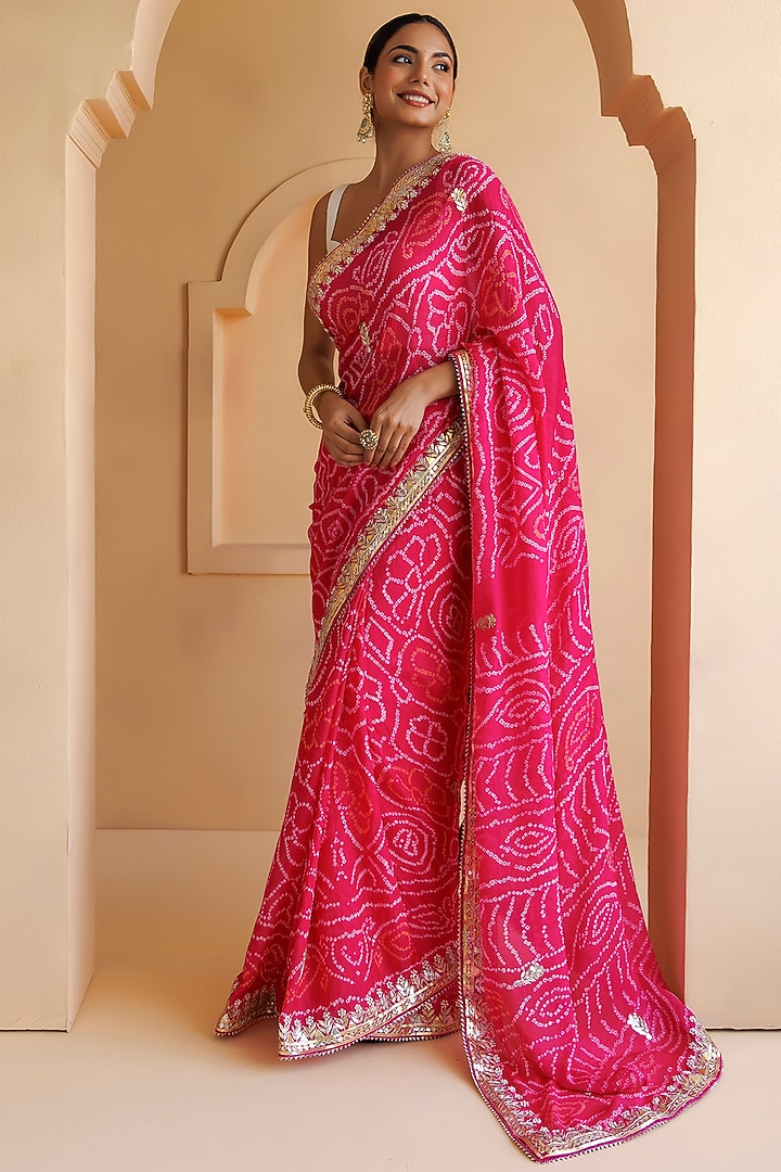 Pink Hand Pure Georgette Gota Patti & Bandhani Wedding Saree Set by Geroo Jaipur at Pernia's Pop Up Shop