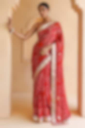 Red Pure Georgette Gota Patti Work Handcrafted Bandhani Wedding Saree Set by Geroo Jaipur at Pernia's Pop Up Shop