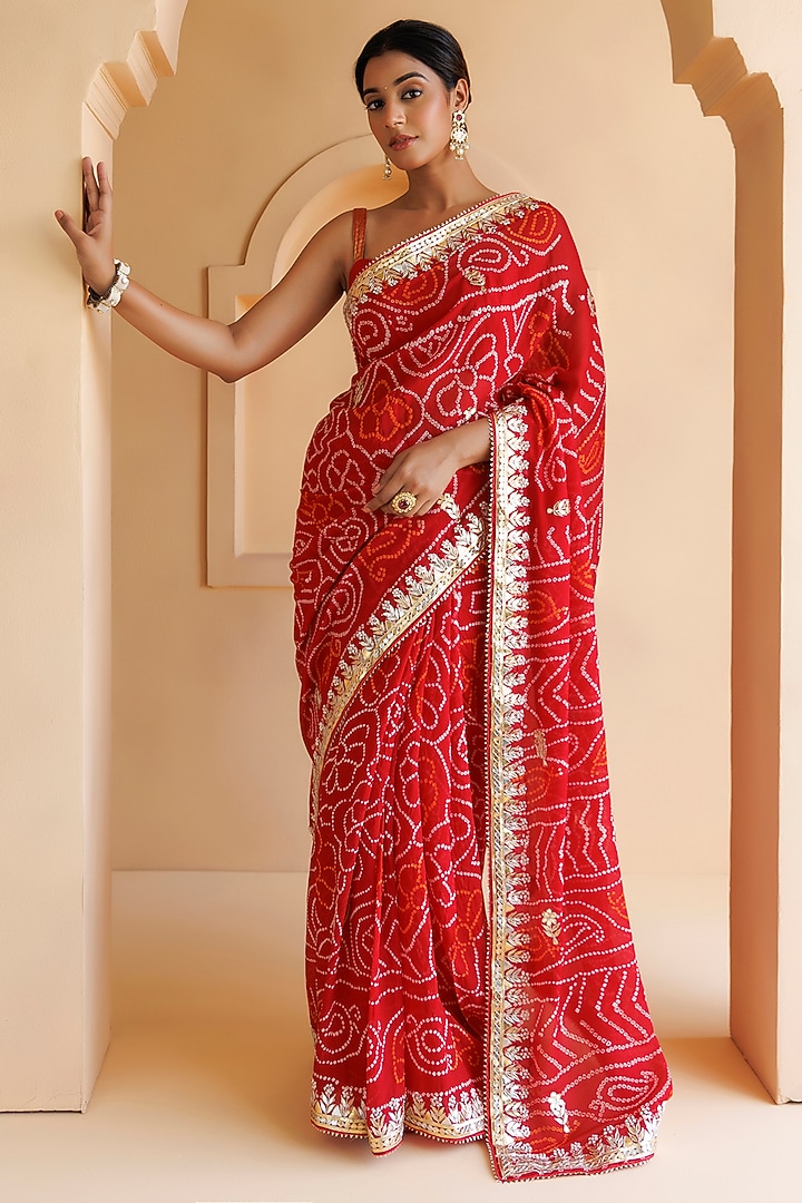 Red Pure Georgette Gota Patti Work Handcrafted Bandhani Wedding Saree Set by Geroo Jaipur at Pernia's Pop Up Shop