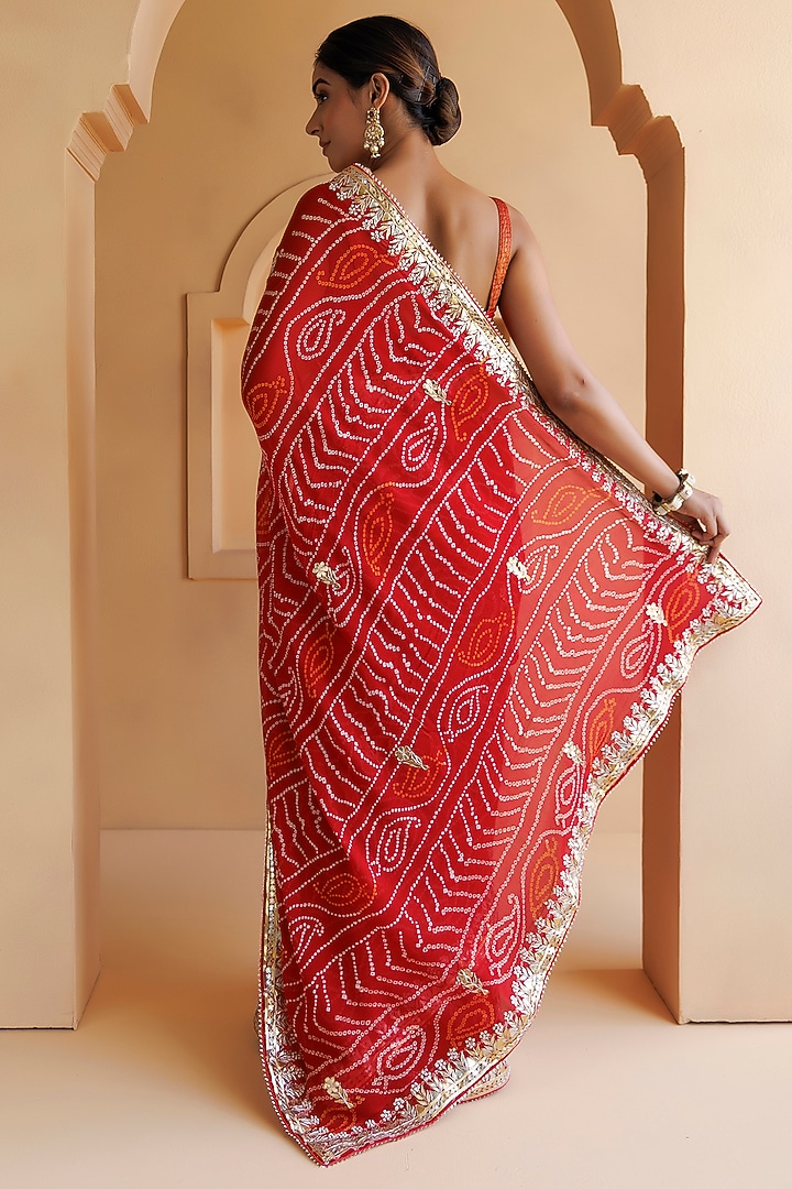 Red Pure Georgette Gota Patti Work Handcrafted Bandhani Wedding Saree Set by Geroo Jaipur at Pernia's Pop Up Shop