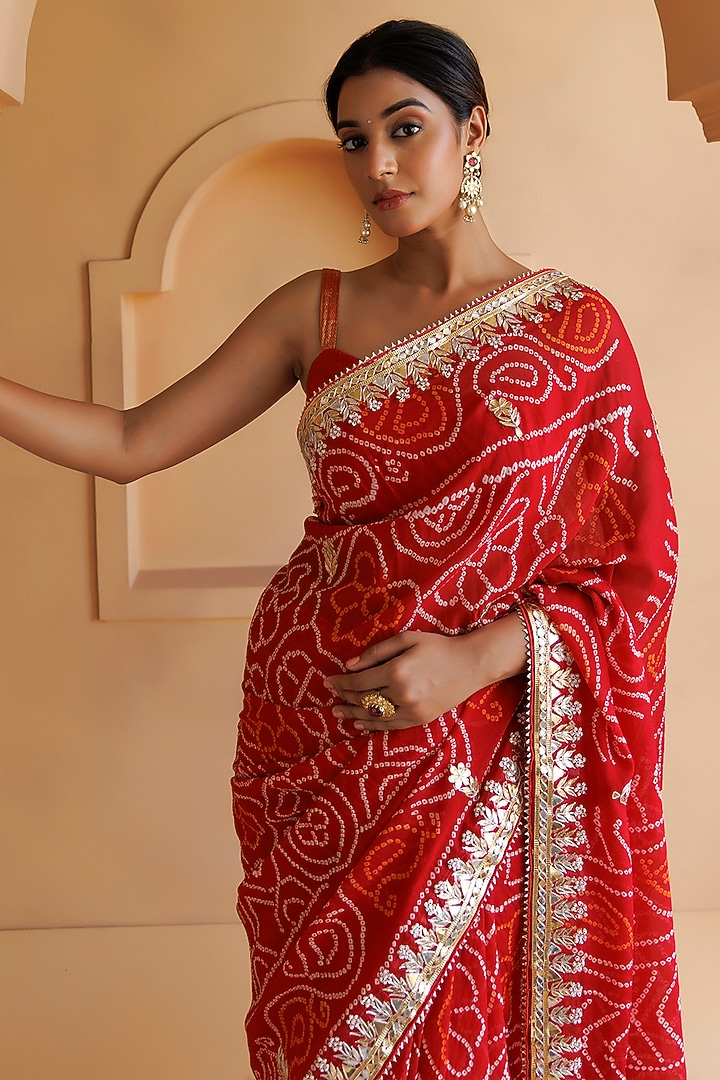 Red Pure Georgette Gota Patti Work Handcrafted Bandhani Wedding Saree Set by Geroo Jaipur at Pernia's Pop Up Shop
