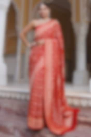 Red Pure Georgette Handwoven Gharchola Bandhani Wedding Saree Set by Geroo Jaipur at Pernia's Pop Up Shop