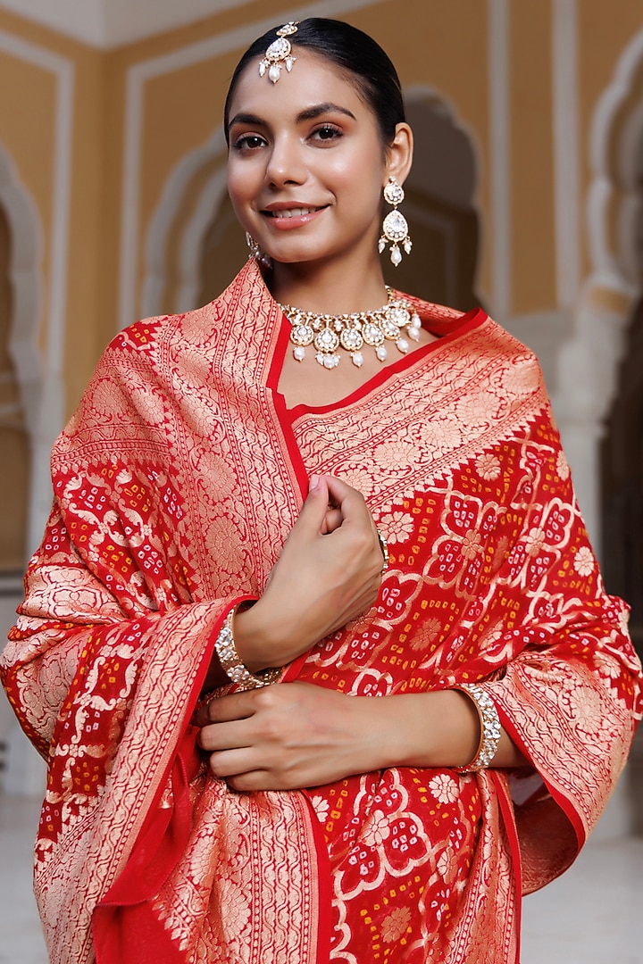Red Pure Georgette Handwoven Gharchola Bandhani Wedding Saree Set by Geroo Jaipur at Pernia's Pop Up Shop