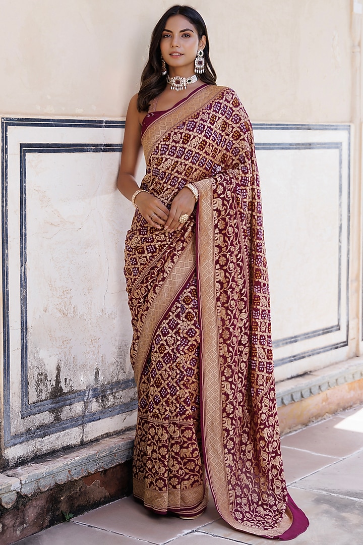 Purple Pure Georgette Handwoven Gharchola Bandhani Wedding Saree Set by Geroo Jaipur at Pernia's Pop Up Shop