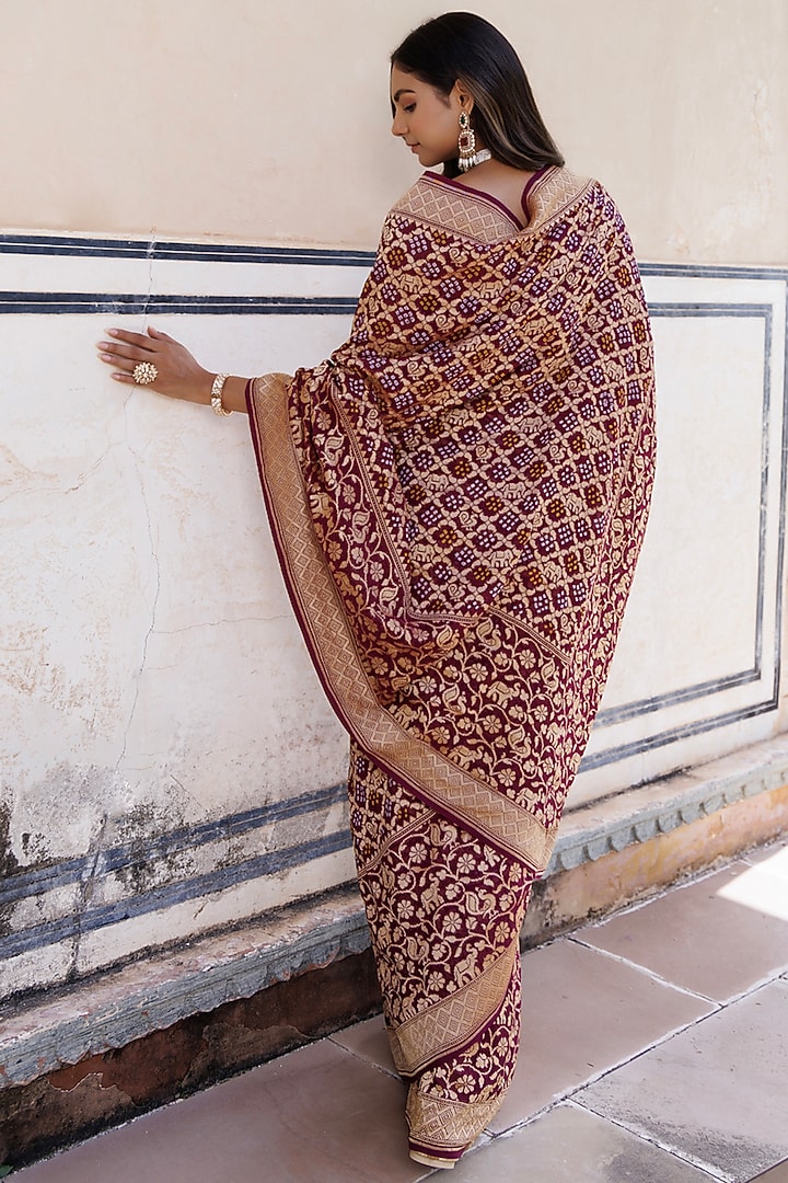 Purple Pure Georgette Handwoven Gharchola Bandhani Wedding Saree Set by Geroo Jaipur at Pernia's Pop Up Shop