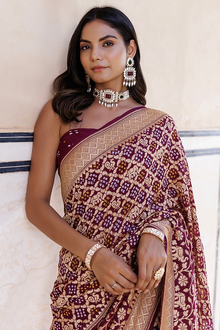 Purple Pure Georgette Handwoven Gharchola Bandhani Wedding Saree Set by Geroo Jaipur at Pernia's Pop Up Shop