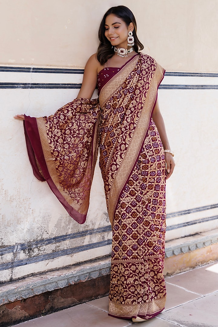 Purple Pure Georgette Handwoven Gharchola Bandhani Wedding Saree Set by Geroo Jaipur at Pernia's Pop Up Shop