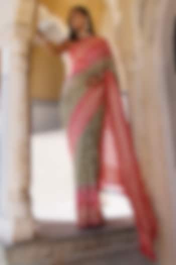Pink Pure Georgette Handwoven Gharchola Bandhani Wedding Saree Set by Geroo Jaipur at Pernia's Pop Up Shop