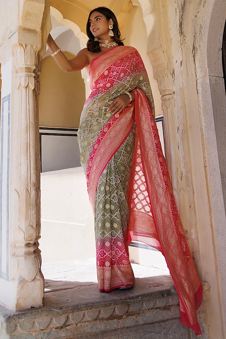 Pink Pure Georgette Handwoven Gharchola Bandhani Wedding Saree Set by Geroo Jaipur at Pernia's Pop Up Shop