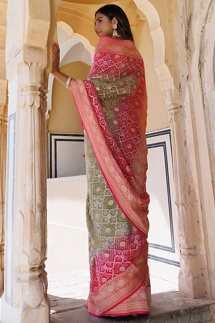 Pink Pure Georgette Handwoven Gharchola Bandhani Wedding Saree Set by Geroo Jaipur at Pernia's Pop Up Shop