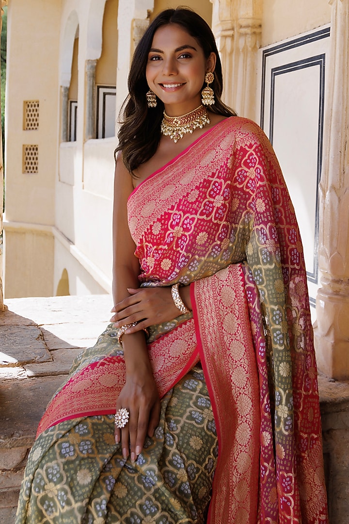 Pink Pure Georgette Handwoven Gharchola Bandhani Wedding Saree Set by Geroo Jaipur at Pernia's Pop Up Shop