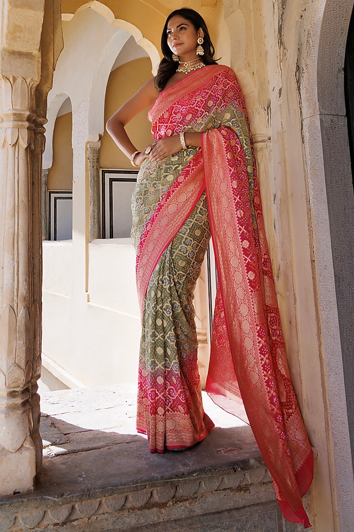 Pink Pure Georgette Handwoven Gharchola Bandhani Wedding Saree Set by Geroo Jaipur at Pernia's Pop Up Shop