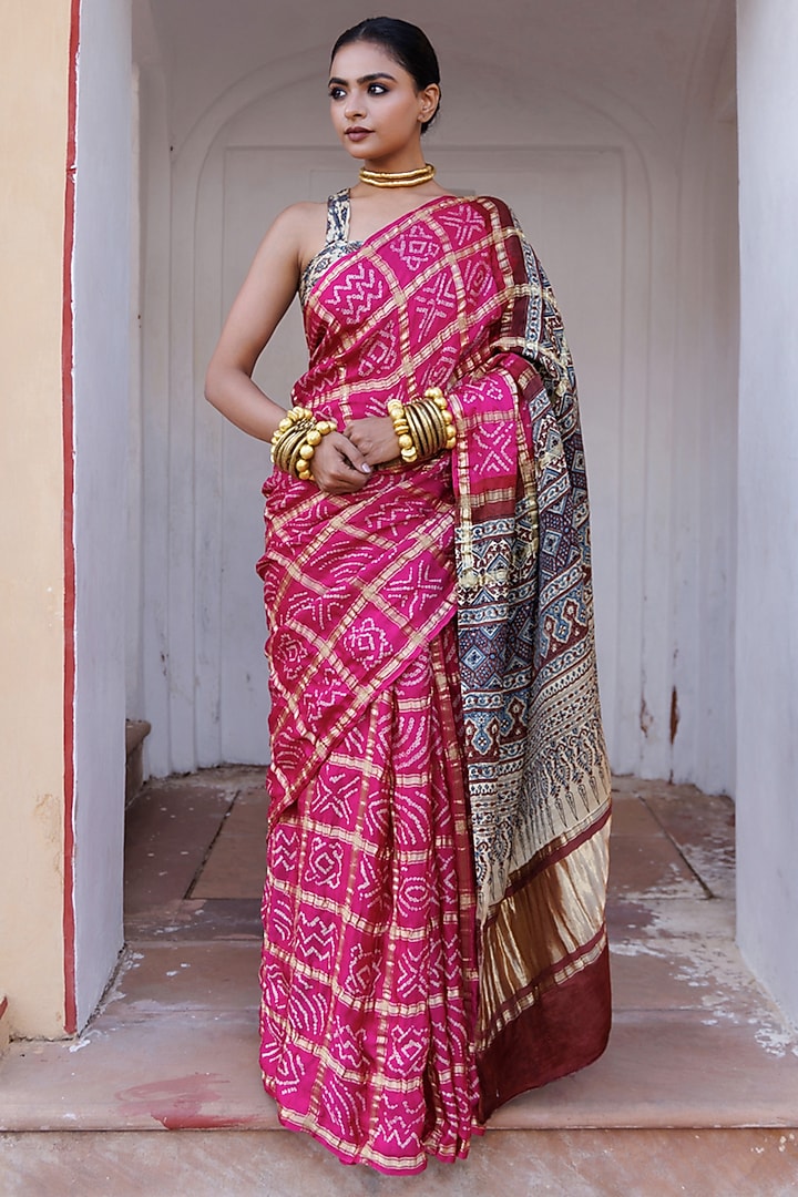Pink Gajji Silk Handwoven Ajrakh Bandhani Wedding Saree Set by Geroo Jaipur at Pernia's Pop Up Shop