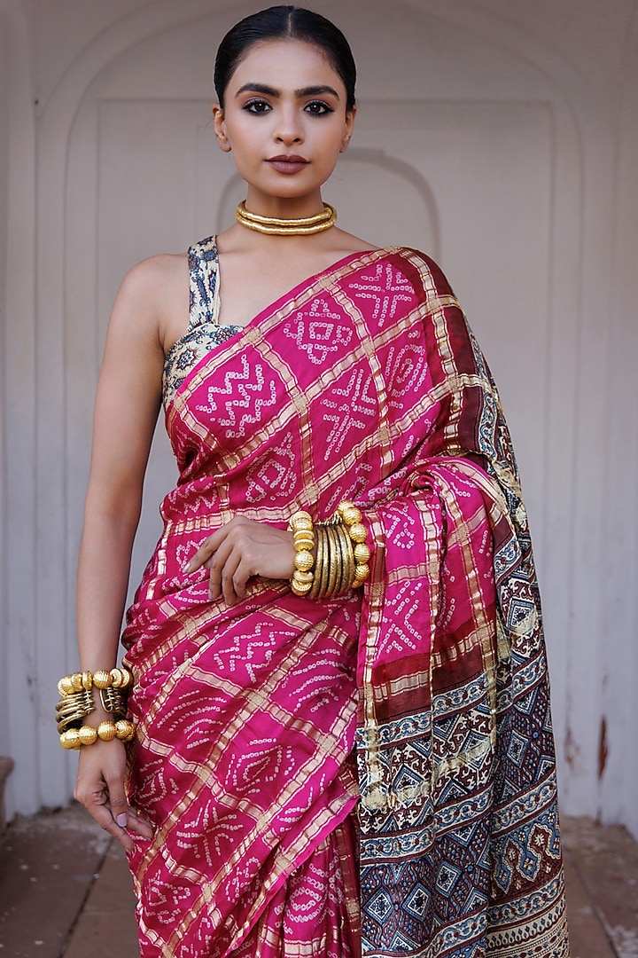 Pink Gajji Silk Handwoven Ajrakh Bandhani Wedding Saree Set by Geroo Jaipur at Pernia's Pop Up Shop