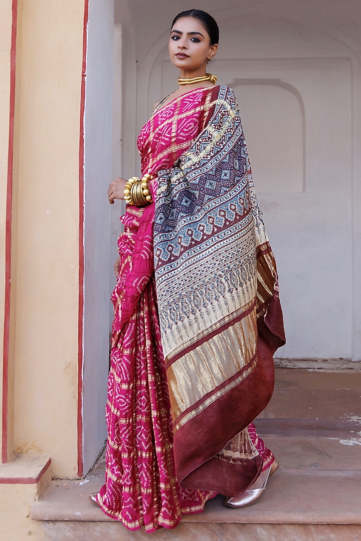 Pink Gajji Silk Handwoven Ajrakh Bandhani Wedding Saree Set by Geroo Jaipur at Pernia's Pop Up Shop