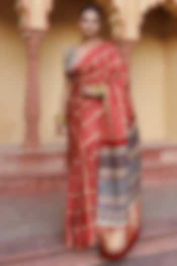 Red Gajji Silk Handwoven Ajrakh Bandhani Wedding Saree Set by Geroo Jaipur at Pernia's Pop Up Shop