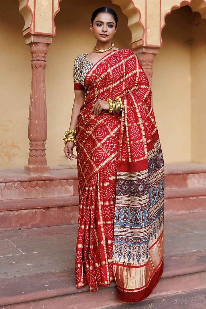 Red Gajji Silk Handwoven Ajrakh Bandhani Wedding Saree Set by Geroo Jaipur at Pernia's Pop Up Shop