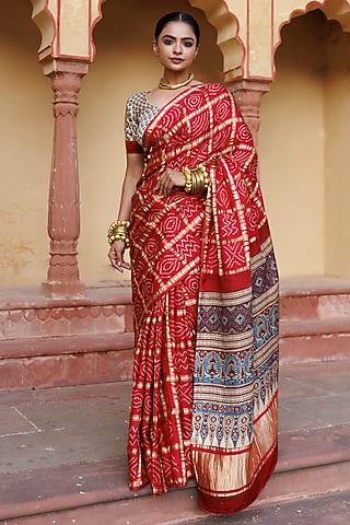 Red Gajji Silk Handwoven Ajrakh Bandhani Saree Set by Geroo Jaipur