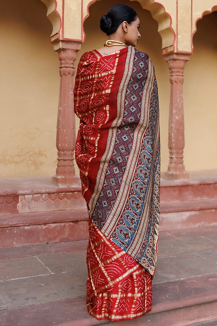 Red Gajji Silk Handwoven Ajrakh Bandhani Wedding Saree Set by Geroo Jaipur at Pernia's Pop Up Shop
