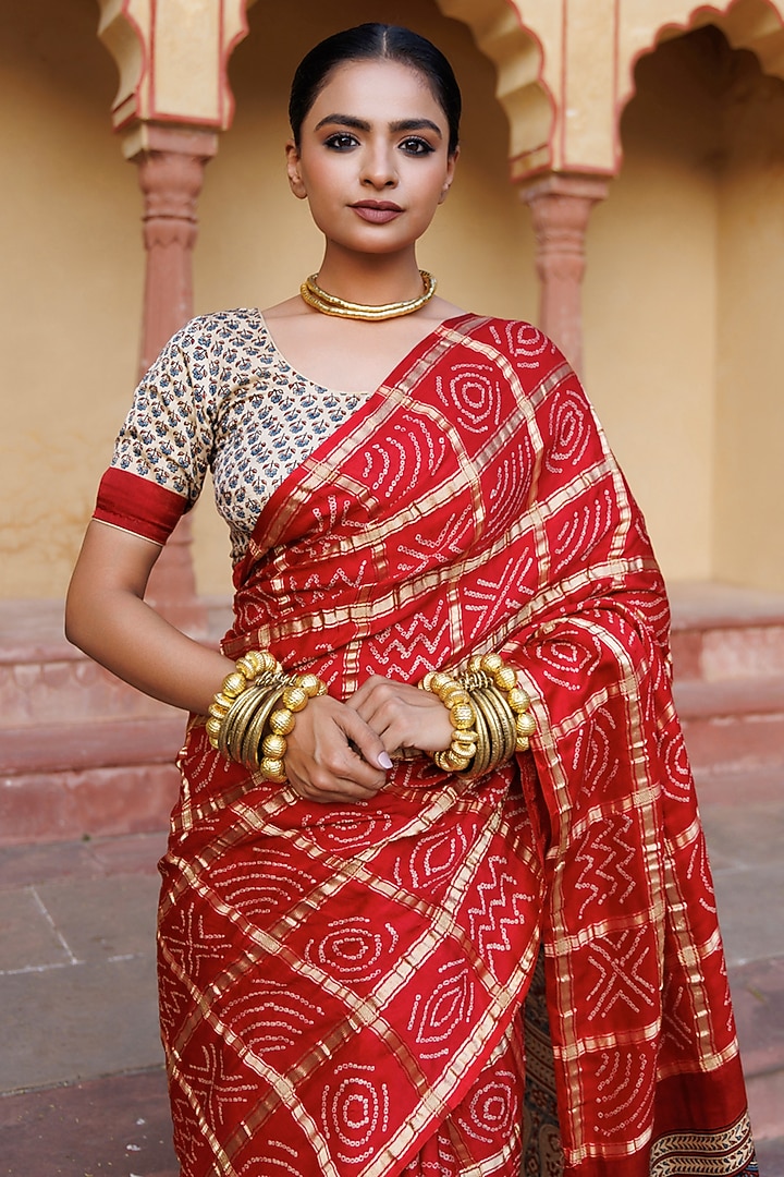 Red Gajji Silk Handwoven Ajrakh Bandhani Wedding Saree Set by Geroo Jaipur at Pernia's Pop Up Shop