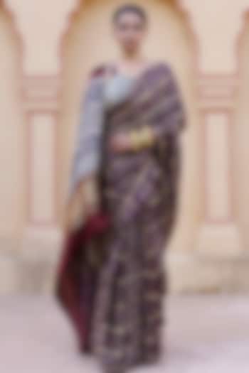 Wine Gajji Silk Handwoven Ajrakh Bandhani Wedding Saree Set by Geroo Jaipur at Pernia's Pop Up Shop