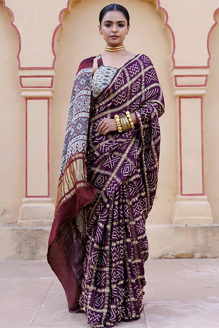 Wine Gajji Silk Handwoven Ajrakh Bandhani Wedding Saree Set by Geroo Jaipur at Pernia's Pop Up Shop