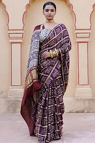 Wine Gajji Silk Handwoven Ajrakh Bandhani Saree Set by Geroo Jaipur