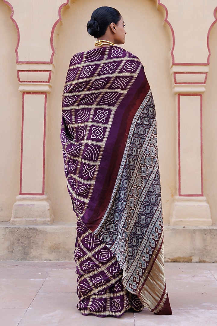 Wine Gajji Silk Handwoven Ajrakh Bandhani Wedding Saree Set by Geroo Jaipur at Pernia's Pop Up Shop