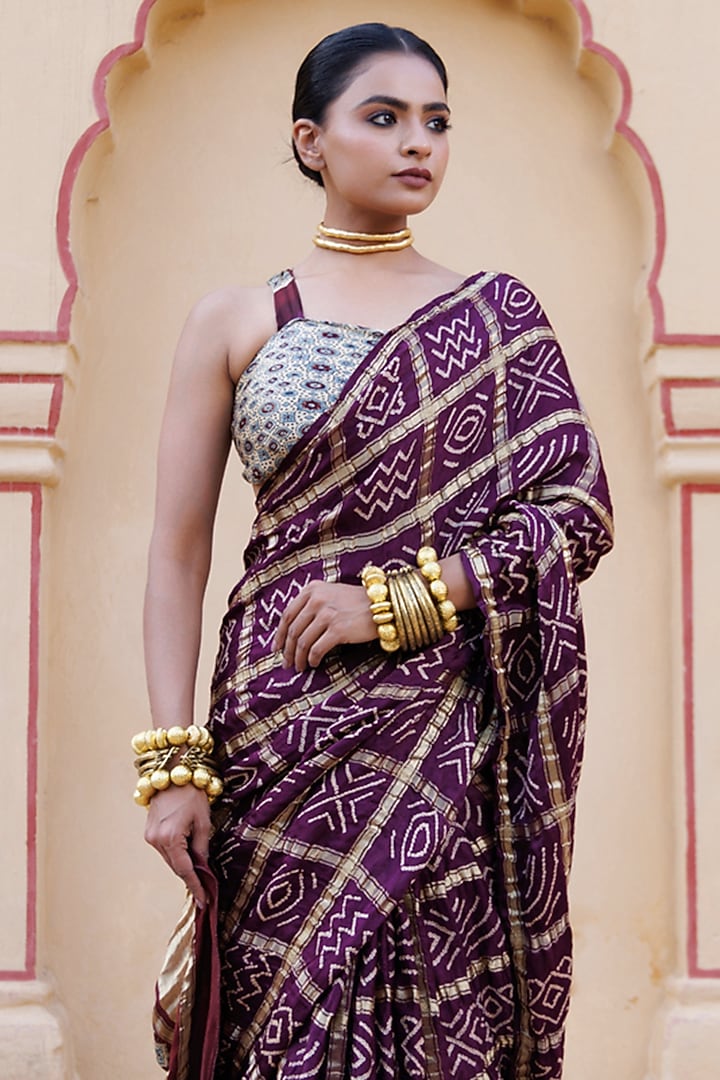Wine Gajji Silk Handwoven Ajrakh Bandhani Wedding Saree Set by Geroo Jaipur at Pernia's Pop Up Shop