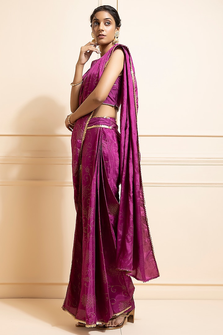 Purple Shantoon Printed Pre-Draped Pant Saree Set by Geroo Jaipur