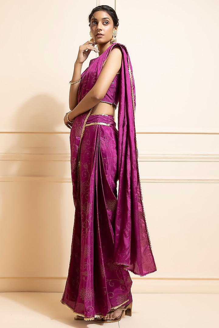 Purple Shantoon Printed Pre-Draped Pant Festive Saree Set by Geroo Jaipur at Pernia's Pop Up Shop
