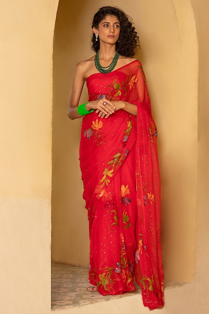 Red Chiffon Floral Hand Painted Saree Set by Geroo Jaipur