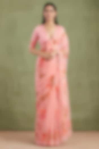 Peach Chiffon Floral Hand Painted Festive Saree Set by Geroo Jaipur at Pernia's Pop Up Shop
