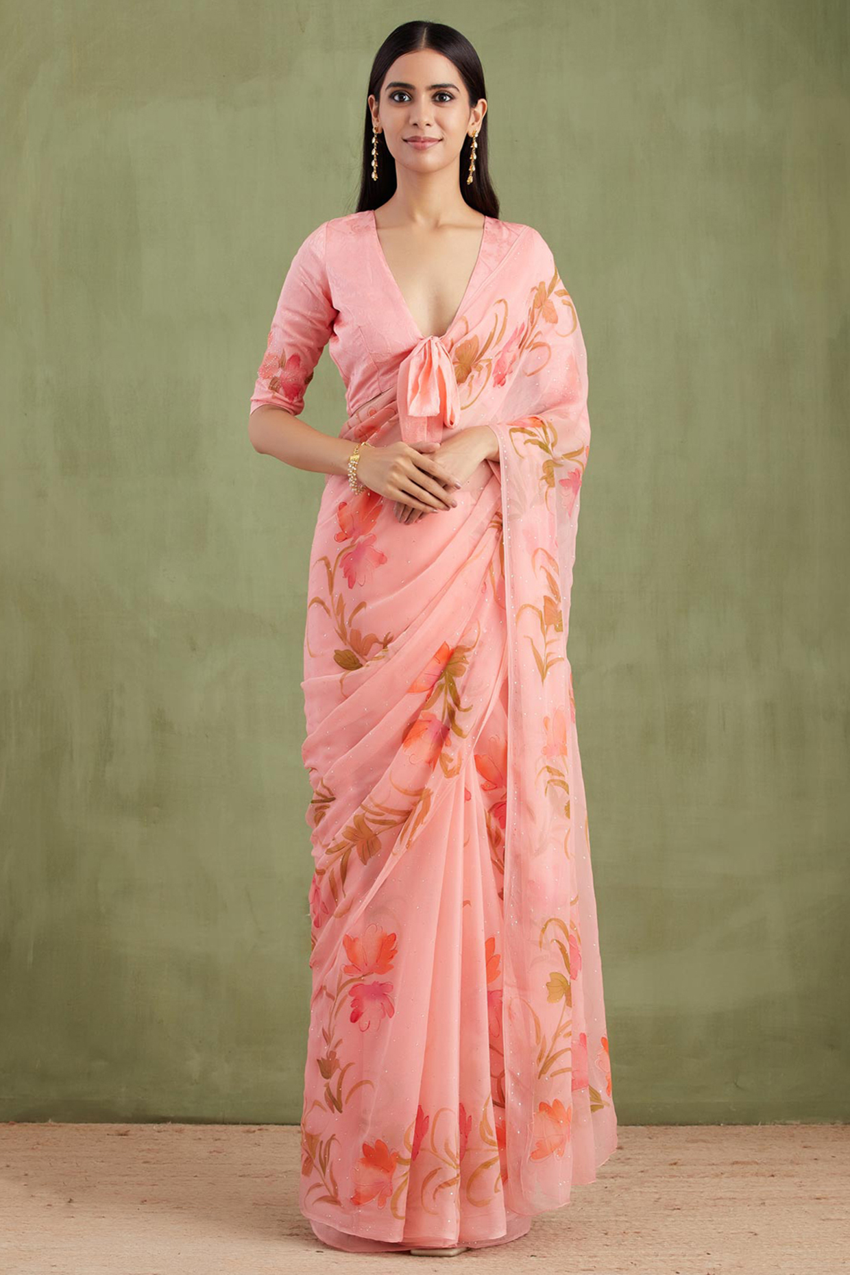 Peach Chiffon Floral Hand Painted Festive Saree Set by Geroo Jaipur at Pernia's Pop Up Shop