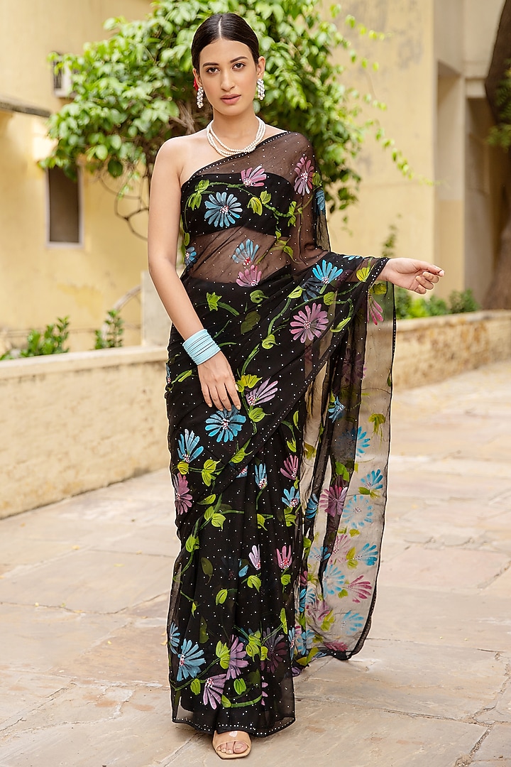 Black Chiffon Hand Painted Saree Set by Geroo Jaipur