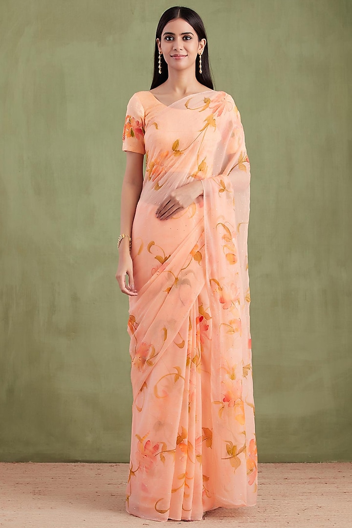 Peach Chiffon Floral Hand Painted Saree Set by Geroo Jaipur at Pernia's Pop Up Shop