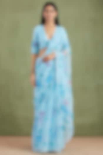 Blue Chiffon Floral Hand Painted Festive Saree Set by Geroo Jaipur at Pernia's Pop Up Shop