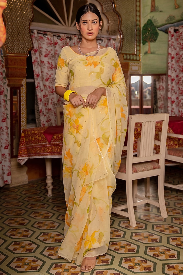 Yellow Chiffon Floral Hand Painted & Mukaish Work Saree Set by Geroo Jaipur