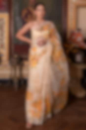 Beige Organza Handpainted Party Wear Saree Set by Geroo Jaipur at Pernia's Pop Up Shop